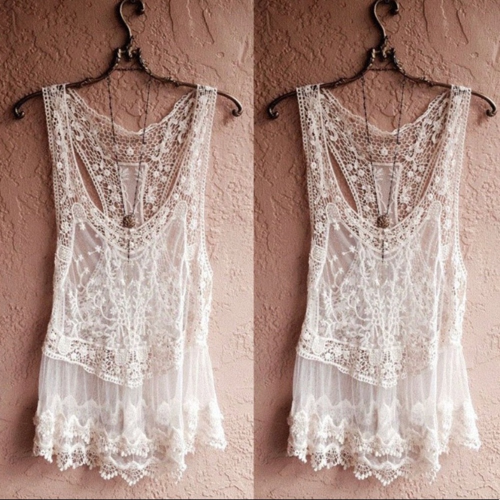 New Boho Crochet Lace Racerback Tank Top Swim - Picture 3 of 10